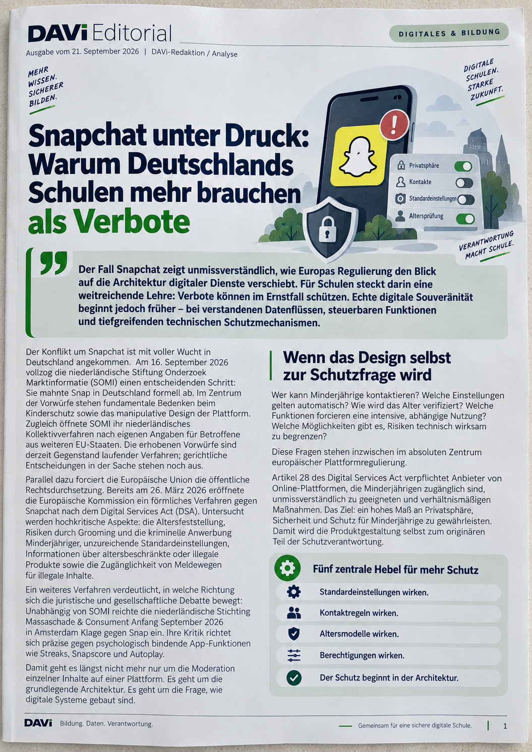 DAVi Editorial vom 21. September 2026, Seite 1: Snapchat unter Druck – warum Deutschlands Schulen mehr brauchen als Verbote. Mit Analyse zu SOMI, Digital Services Act und fünf zentralen Hebeln für mehr Schutz.