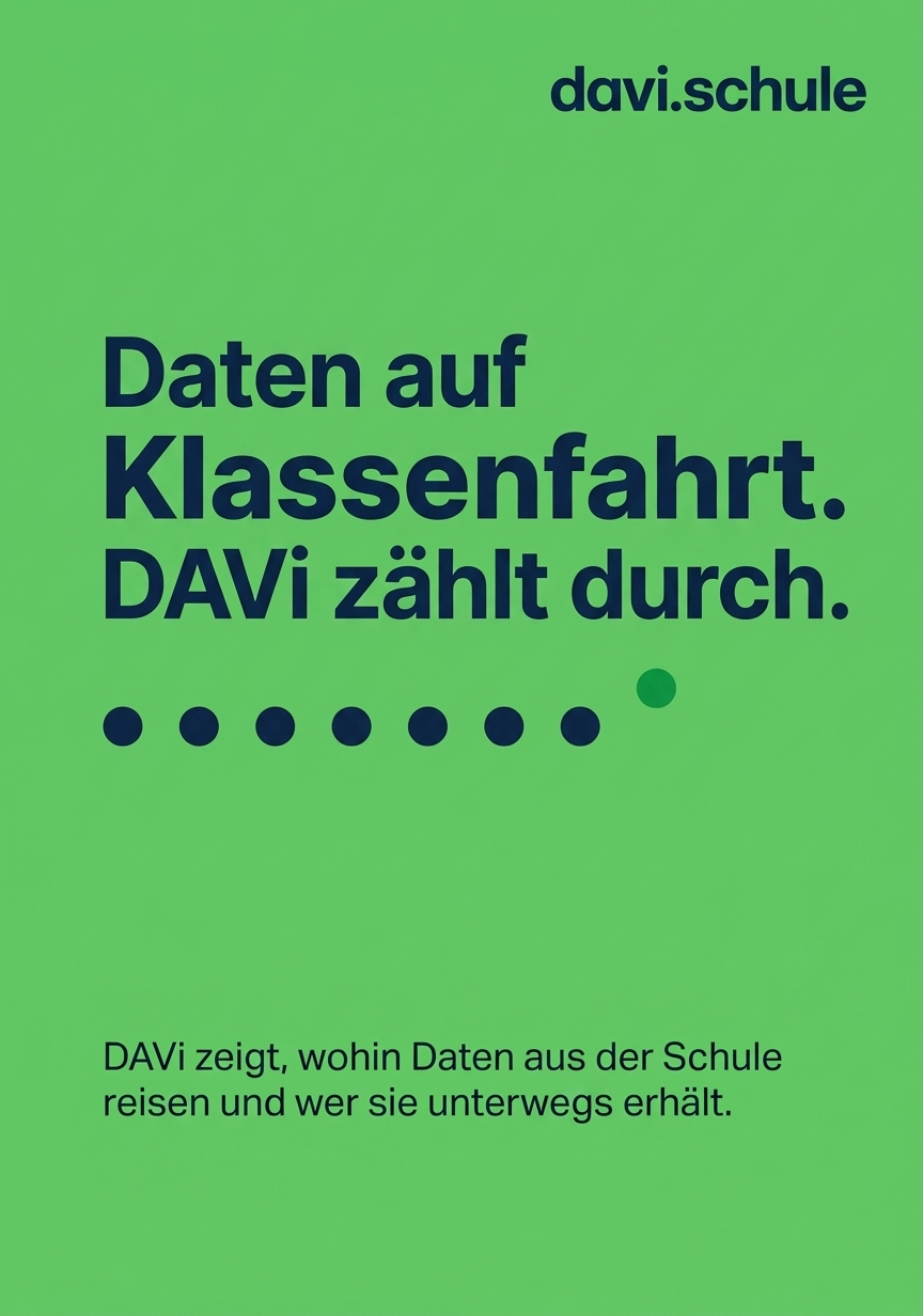 Plakat: Daten auf Klassenfahrt. DAVi zählt durch. DAVi zeigt, wohin Daten aus der Schule reisen und wer sie unterwegs erhält.